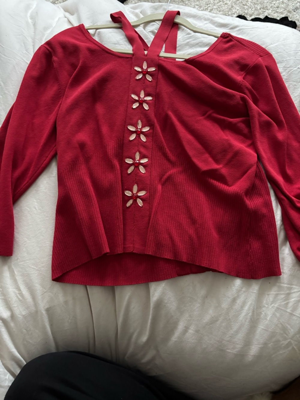 Bob Mackie Red Knit Floral-Cutout Back Top with floral stones